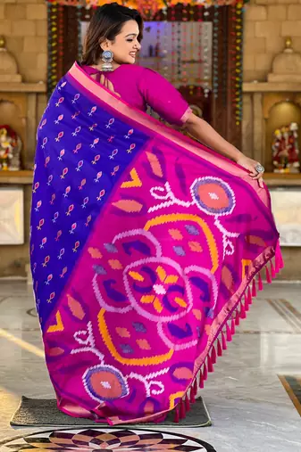 Royal blue silk blend ikkat and patola weaving concept saree & contrast blouse
