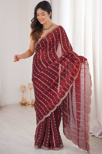 Maroon color stylish bollywood looks fendy satin fabric saree