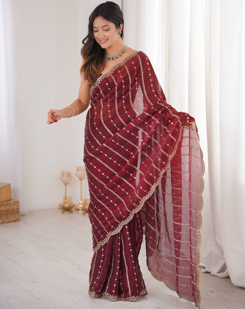 Maroon color stylish bollywood looks fendy satin fabric saree