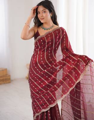 Maroon color stylish bollywood looks fendy satin fabric saree 3