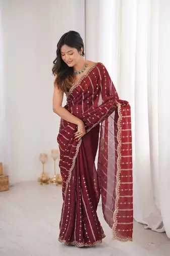 Maroon color stylish bollywood looks fendy satin fabric saree