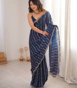Petrol color stylish bollywood looks fendy satin fabric saree