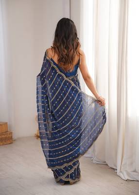 Petrol color stylish bollywood looks fendy satin fabric saree 2