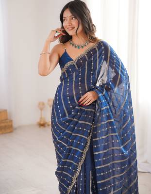 Petrol color stylish bollywood looks fendy satin fabric saree 3
