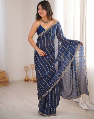 Petrol color stylish bollywood looks fendy satin fabric saree 4