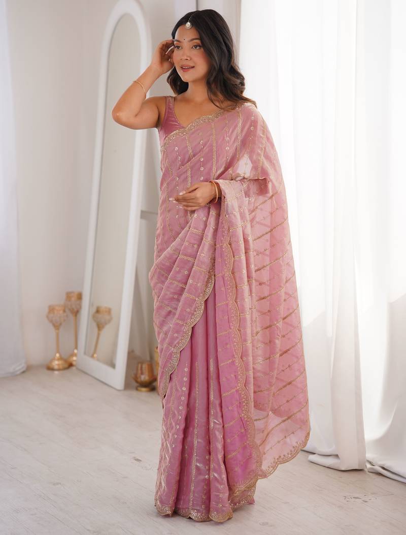Pink color stylish bollywood looks fendy satin fabric saree