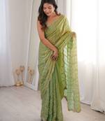 Pista color stylish bollywood looks fendy satin fabric saree