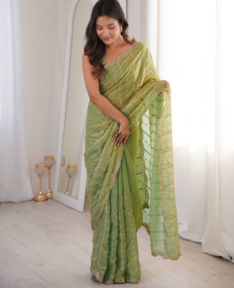 Pista color stylish bollywood looks fendy satin fabric saree