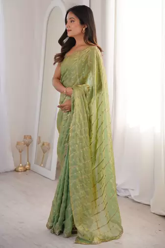 Pista color stylish bollywood looks fendy satin fabric saree