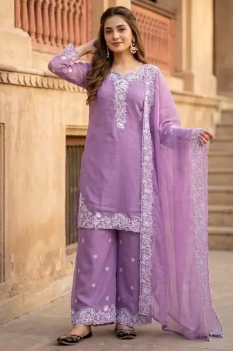 Mauve chanderi embroidered kurta-sets