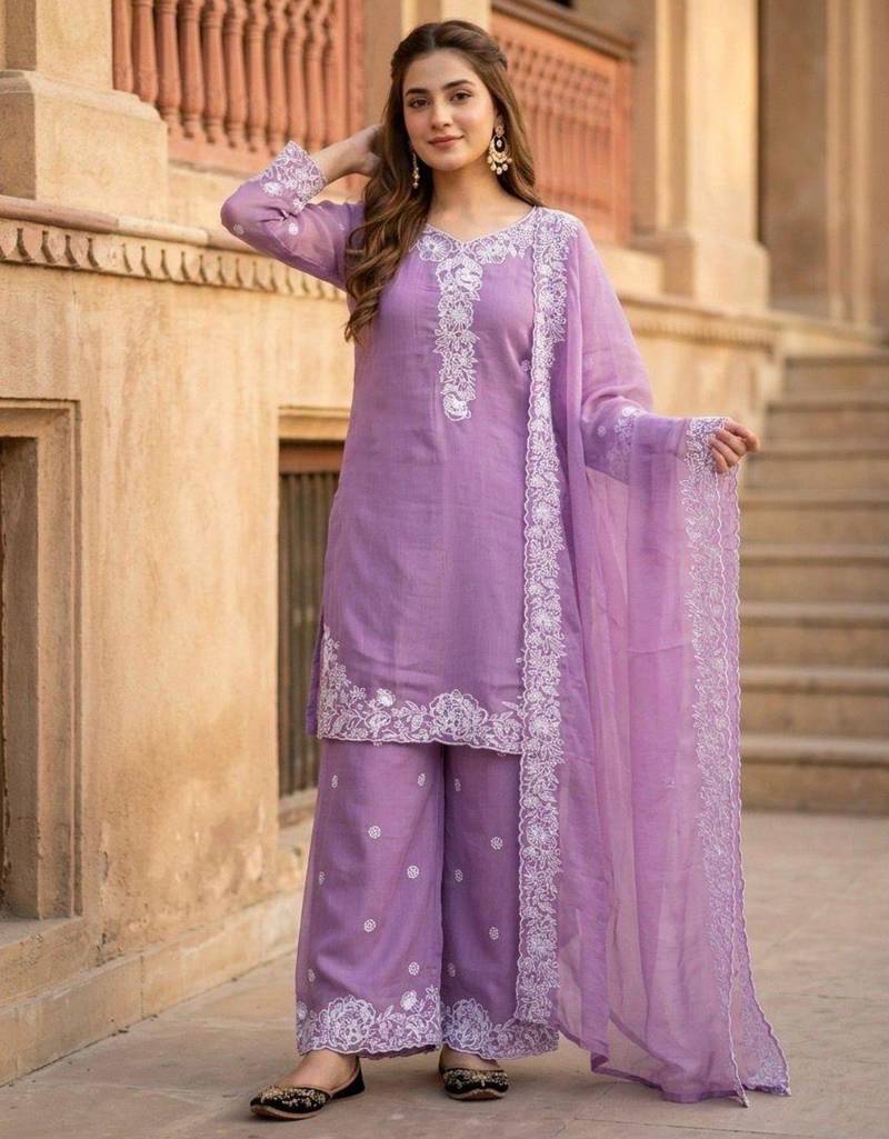 Mauve chanderi embroidered kurta-sets