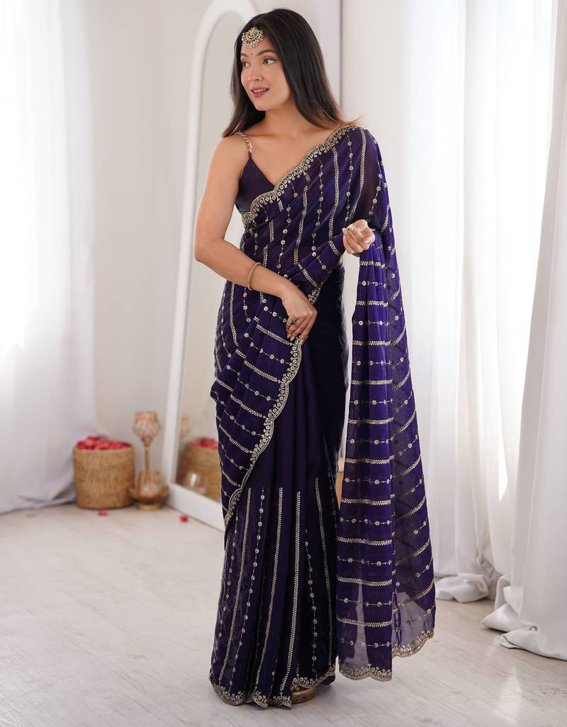 Purple color stylish bollywood looks fendy satin fabric saree