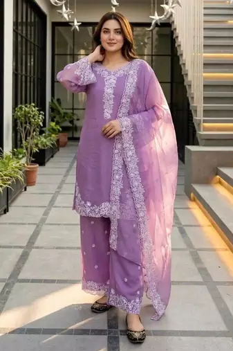 Mauve chanderi embroidered kurta-sets