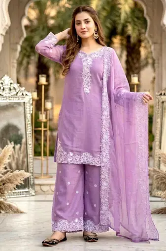 Mauve chanderi embroidered kurta-sets