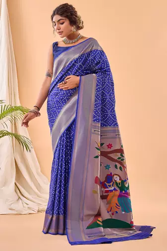 navy blue silk blend weaving saree with paithani pallu