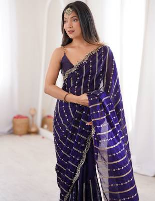 Purple color stylish bollywood looks fendy satin fabric saree 3