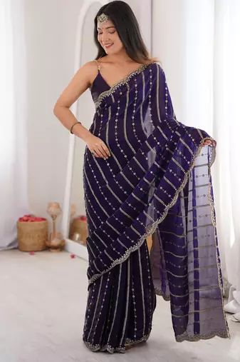 Purple color stylish bollywood looks fendy satin fabric saree