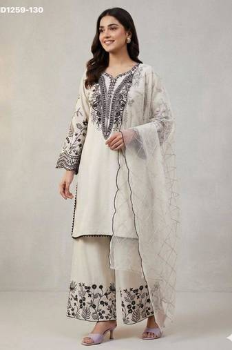 White cotton blend embroidered kurta-sets