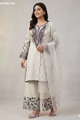 White cotton blend embroidered kurta-sets