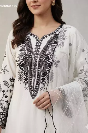 White cotton blend embroidered kurta-sets