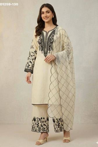 Off-white cotton blend embroidered kurta-sets