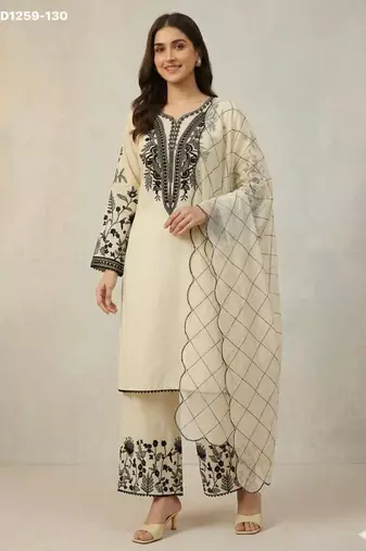 Off-white cotton blend embroidered kurta-sets