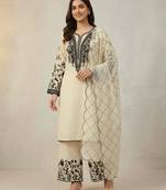 Off-white cotton blend embroidered kurta-sets