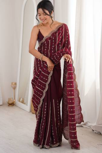 Wine color stylish bollywood looks fendy satin fabric saree