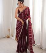 Wine color stylish bollywood looks fendy satin fabric saree