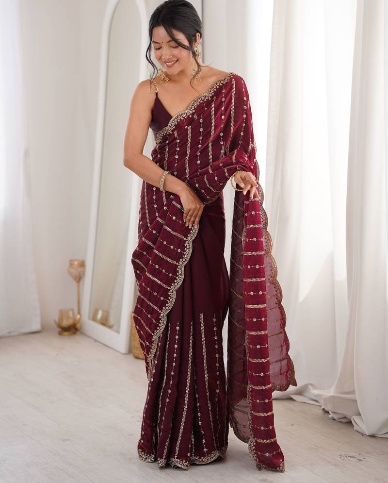 Wine color stylish bollywood looks fendy satin fabric saree