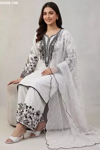 White cotton blend embroidered kurta-sets