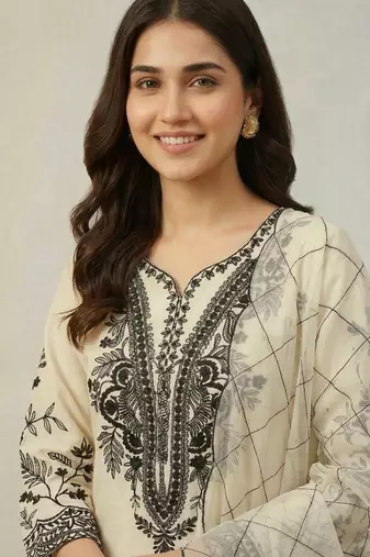 Off-white cotton blend embroidered kurta-sets