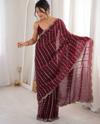 Wine color stylish bollywood looks fendy satin fabric saree 2