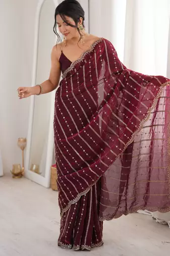Wine color stylish bollywood looks fendy satin fabric saree
