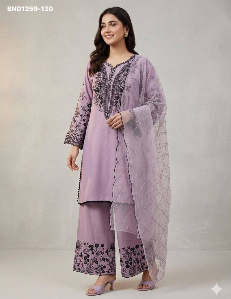 Lavender cotton blend embroidered kurta-sets