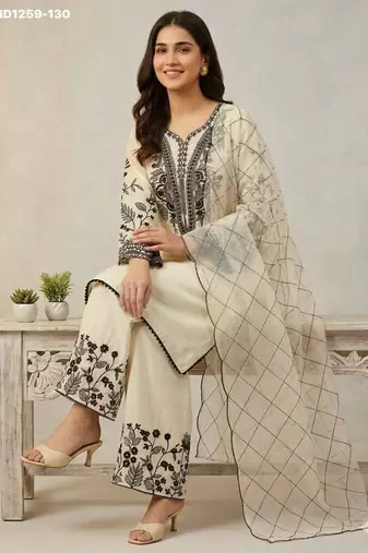 Off-white cotton blend embroidered kurta-sets