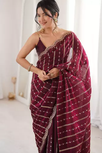 Wine color stylish bollywood looks fendy satin fabric saree