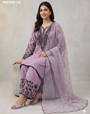 Lavender cotton blend embroidered kurta-sets 3