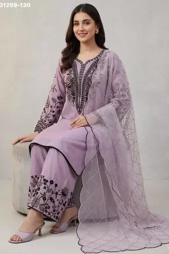 Lavender cotton blend embroidered kurta-sets