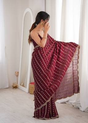 Wine color stylish bollywood looks fendy satin fabric saree 4