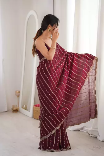 Wine color stylish bollywood looks fendy satin fabric saree