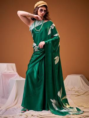 Green color satin silk fabric designer floral printed ceremonial saree 1