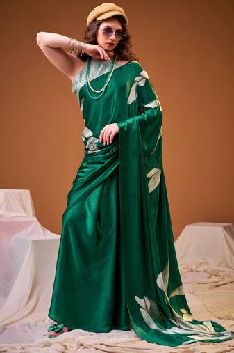 Green color satin silk fabric designer floral printed ceremonial saree