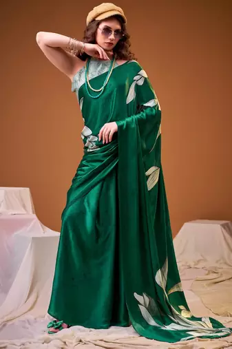 Green color satin silk fabric designer floral printed ceremonial saree