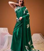 Green color satin silk fabric designer floral printed ceremonial saree