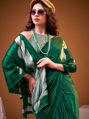 Green color satin silk fabric designer floral printed ceremonial saree 2