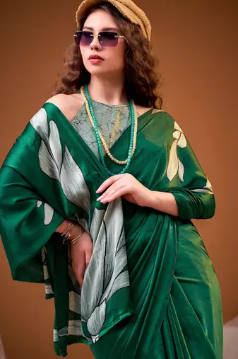 Green color satin silk fabric designer floral printed ceremonial saree