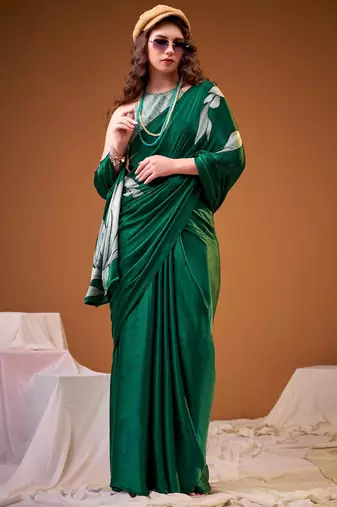 Green color satin silk fabric designer floral printed ceremonial saree