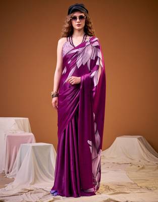Purple color satin silk fabric designer floral printed ceremonial saree 1