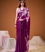 Purple color satin silk fabric designer floral printed ceremonial saree